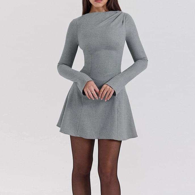 Long Sleeve Boat Neck Plain Panel Mini A-Line Dress Product Image