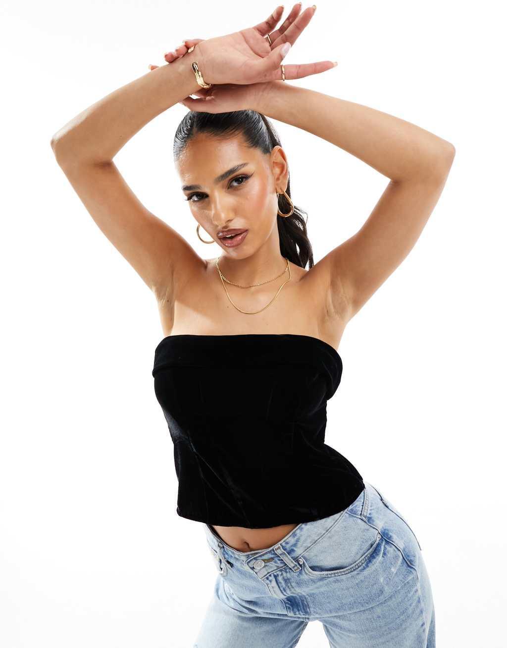 ASOS DESIGN corset bandeau in black velvet Product Image