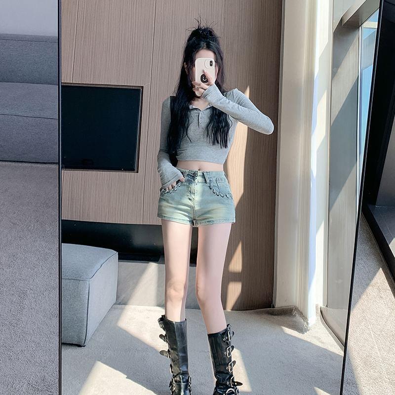 High Waist Washed Denim Shorts Product Image