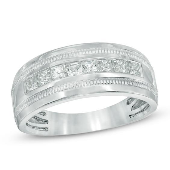 Men's 3/4 CT. T.w. Square-Cut Diamond Milgrain Wedding Band in 10K White Gold Product Image