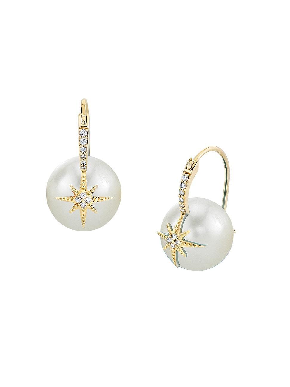 Womens Starburst 14K Yellow Gold, 0.10 TCW Diamond & Pearl Bead Earrings Product Image