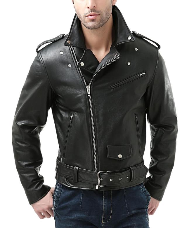 Bgsd Classic Mens Motorcycle jacket is made of high quality leather and heavy-duty Ykk zippers. Action back gussets provide extra comfort and increased mobility while a belted waist keep the jacket tight to the body.