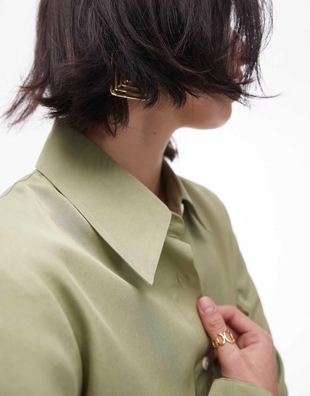 Topshop oversized shirt with contrast buttons in khaki Product Image