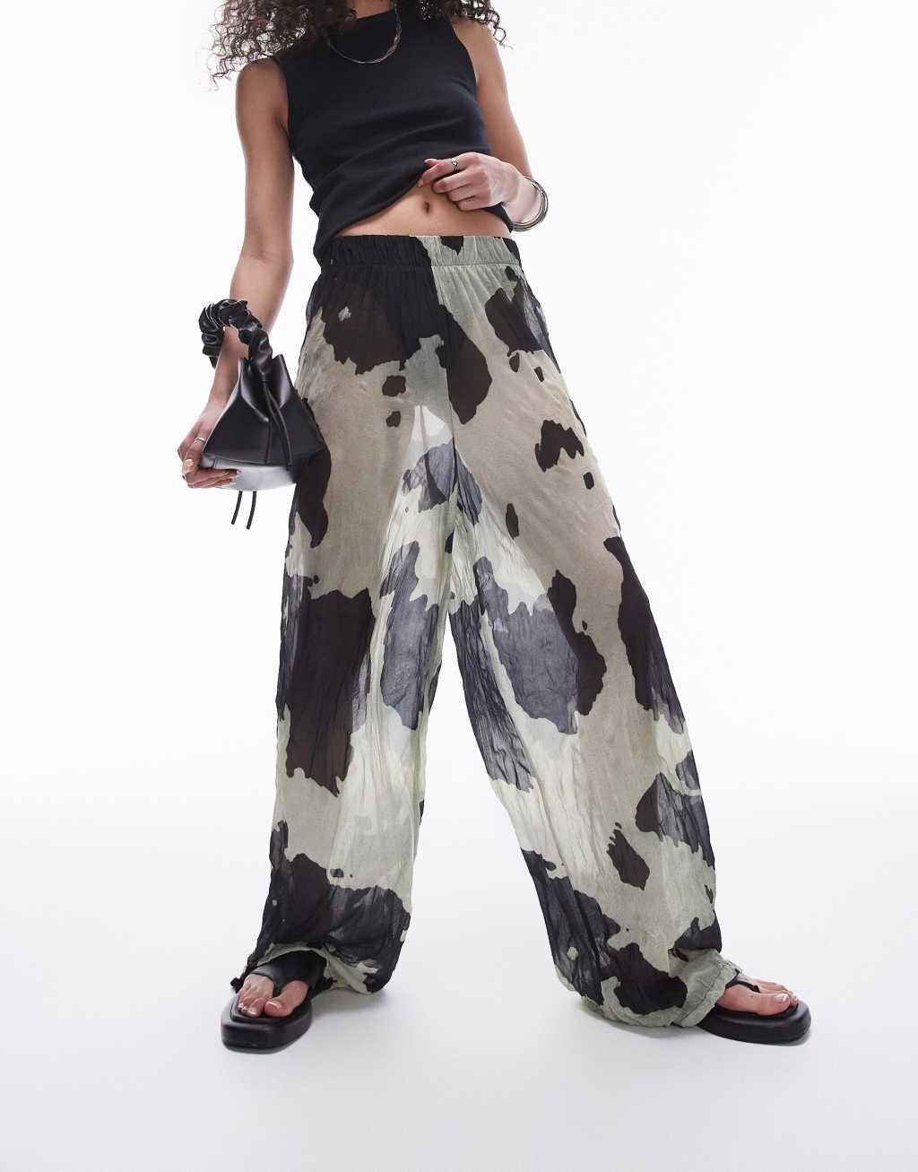 Topshop cow print sheer crinkle pants in multi Product Image