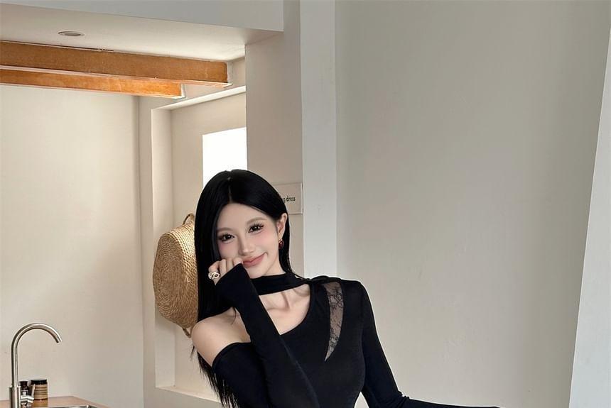 Long Sleeve One Shoulder Plain Panel Lace Maxi Sheath Dress Product Image