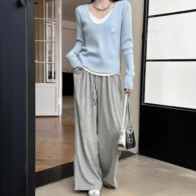 Drawstring Waist Plain Wide Leg Pants Product Image