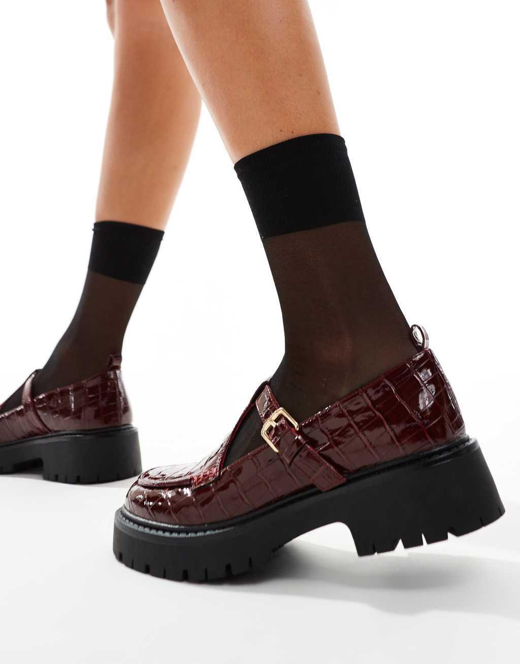 London Rebel Tilly wide fit chunky mary janes in burgundy croc Product Image