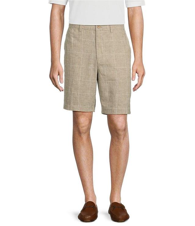 Roundtree & Yorke Casuals Classic Fit Flat Front Plaid 9#double; Linen Shorts Product Image