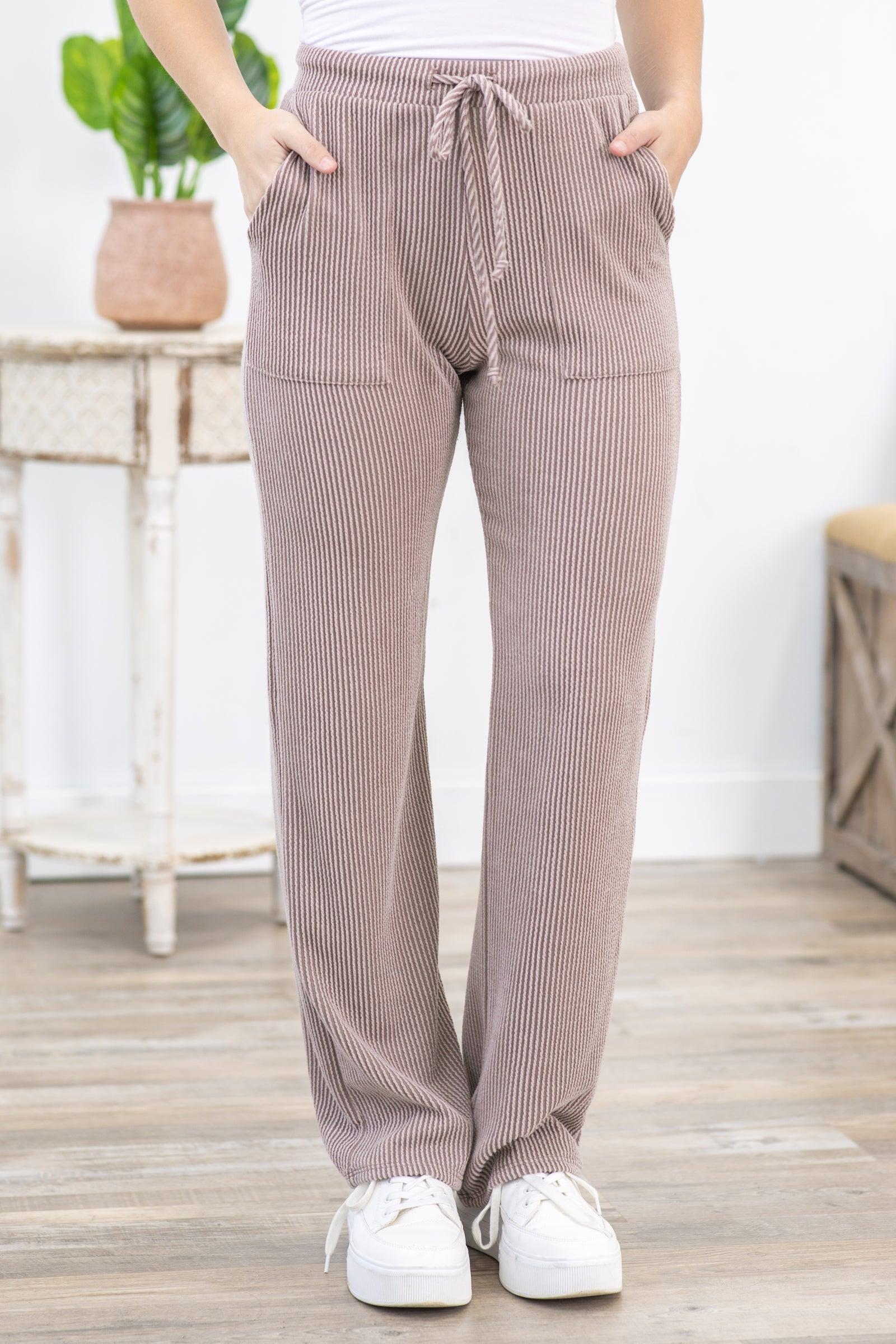 Mocha Solid Ribbed Casual Pants Product Image