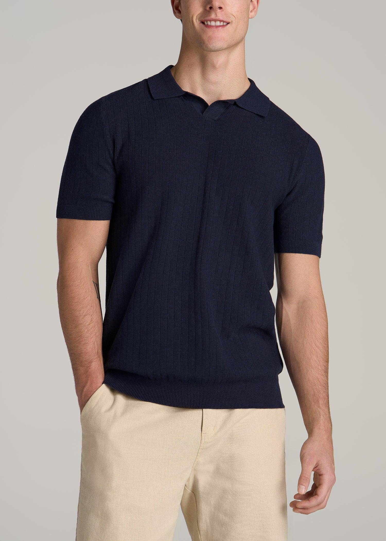 Linen Blend Ribbed Knit Polo Shirt for Tall Men in Stone Male Product Image