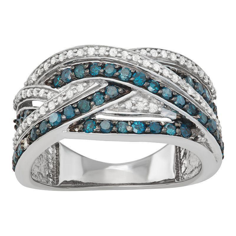 Sterling Silver 1 Carat T.W. Blue & White Diamond Crossover Ring, Womens, Size: 6 Product Image