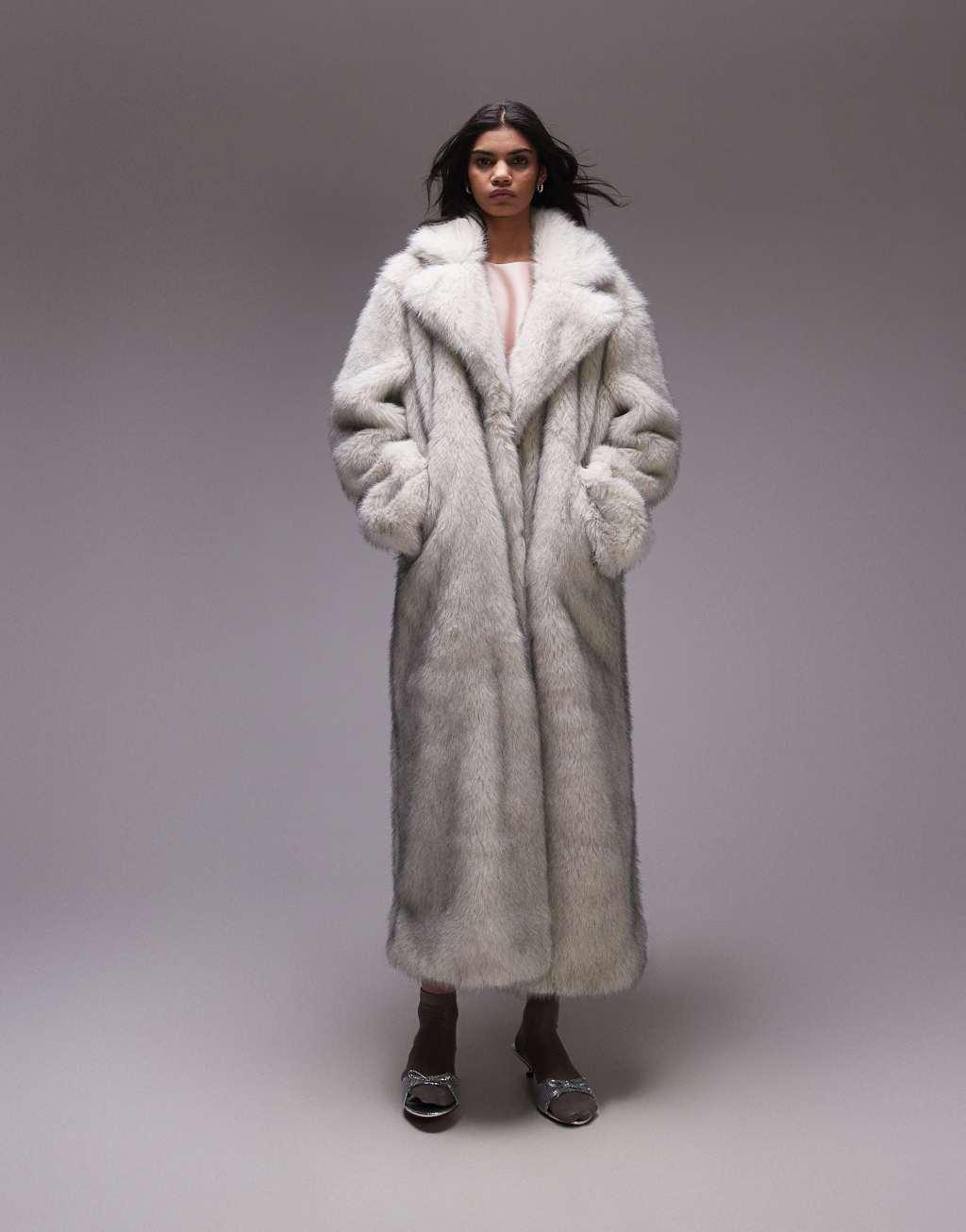 Topshop faux fur long coat in tipped white Product Image