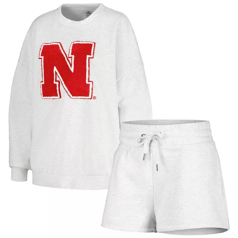 Womens Gameday Couture Ash Nebraska Huskers Team Effort Pullover Sweatshirt & Shorts Sleep Set product image