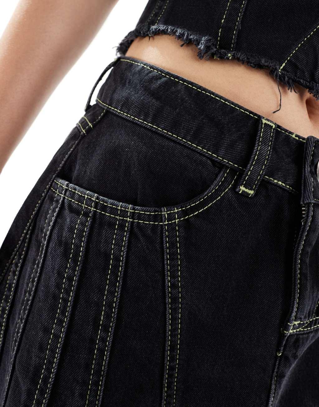 COLLUSION asymmetric denim contrast seam festival skirt in black - part of a set	 Product Image