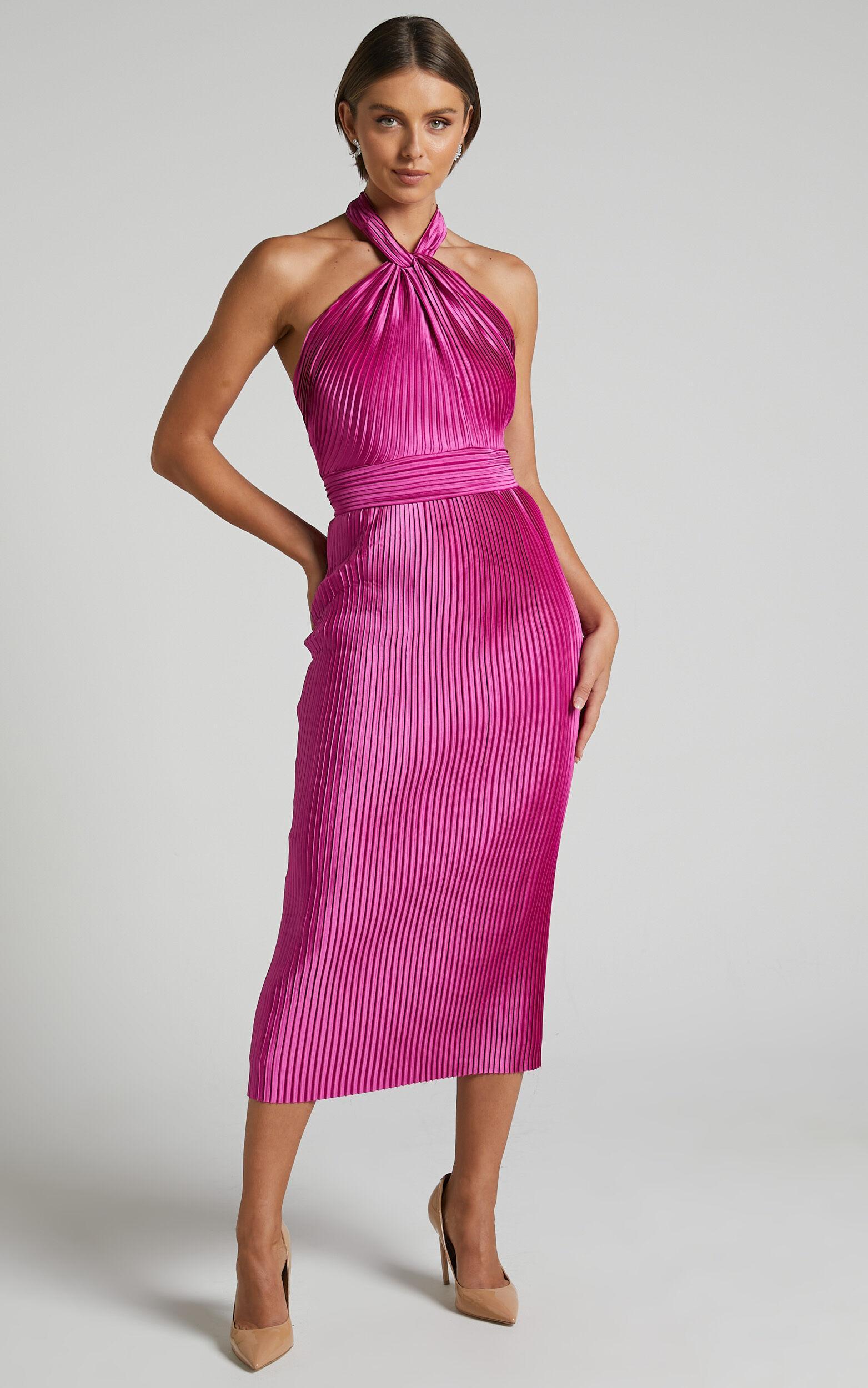 Marlette Midi Dress - Pleated Open Back Halter Dress in Grape Product Image