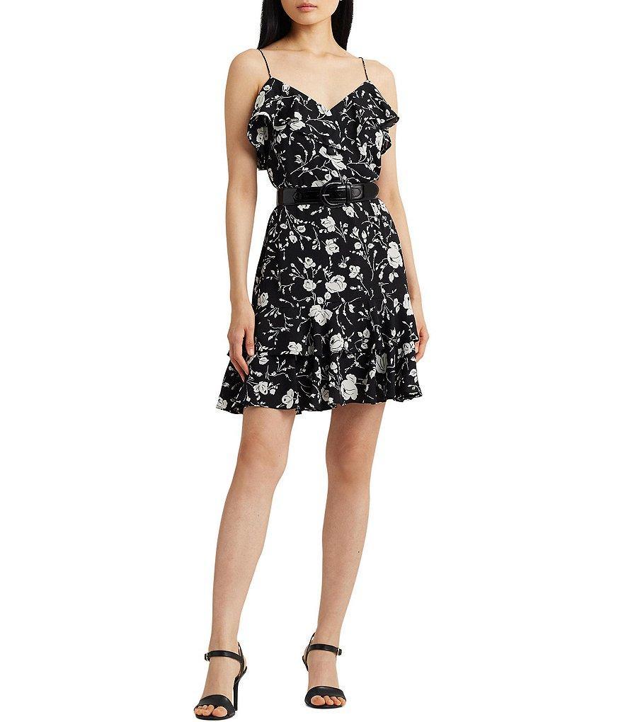 Lauren Ralph Lauren Tillinay Sheath Flounce Hem Sleeveless Ruffle Trim V-Neck Dress Product Image