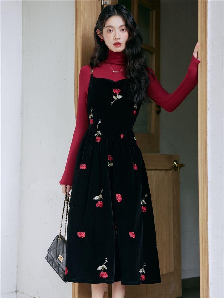 Set: Long-Sleeve Mock Neck Plain Knit Top + Spaghetti Strap Floral Embroidery Maxi A-Line Dress Product Image