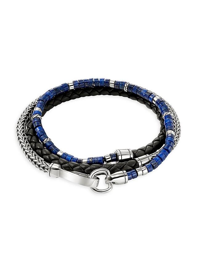 Mens Heishi Sterling Silver, Lapis Lazuli, & Braided Leather Wrap Bracelet Product Image