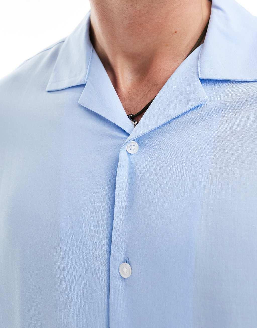 ASOS DESIGN boxy oversized camp collar viscose shirt in light blue - part of a set Product Image