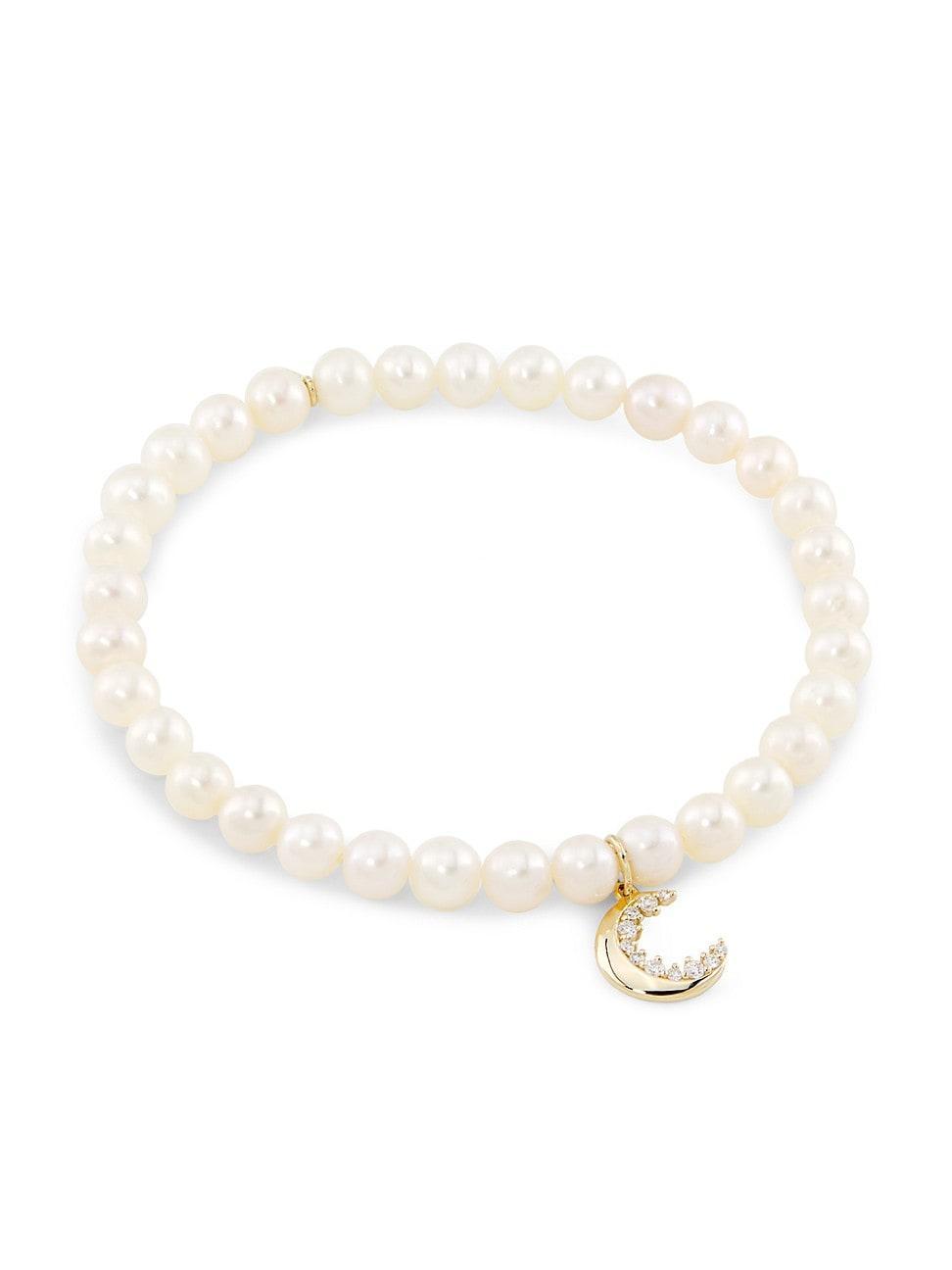 Womens 14K Yellow Gold, Freshwater Pearl & 0.10 TCW Diamond Crescent Moon Charm Bracelet Product Image