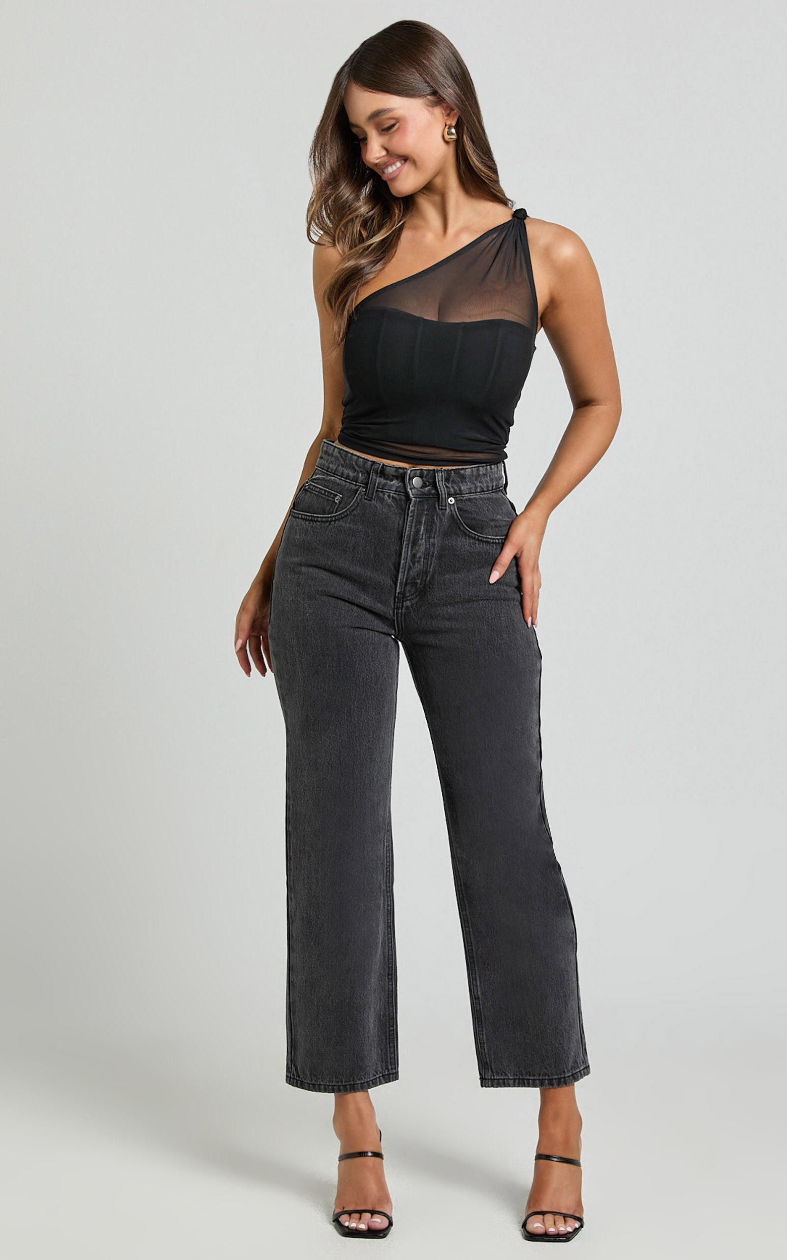 Zayla Top - One Shoulder Knot Mesh Corset Top in Black Product Image