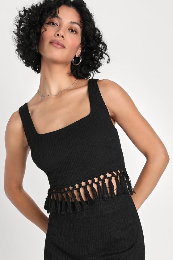 Fortunate Flirt Black Crinkled Fringe Cropped Tank Top Product Image