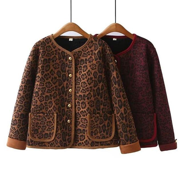 Plus Size Leopard Print Fleece-Lined Button Jacket Product Image