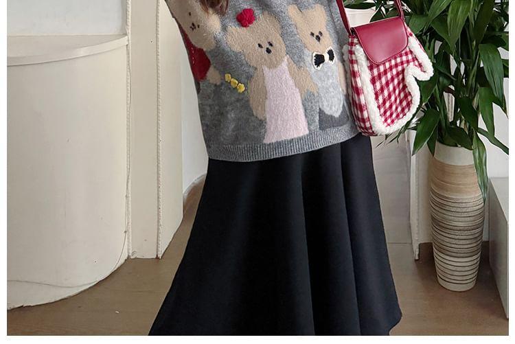 Maternity Crew Neck Bear Print Sweater / High Waist Plain Midi A-Line Skirt Product Image