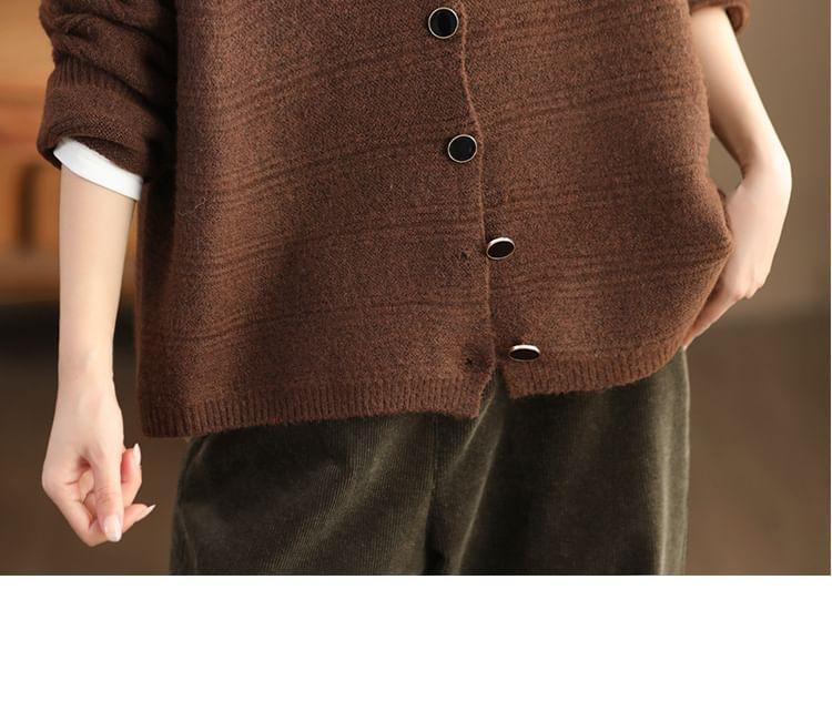 Round Neck Plain Ribbed Knit Button Cardigan Product Image