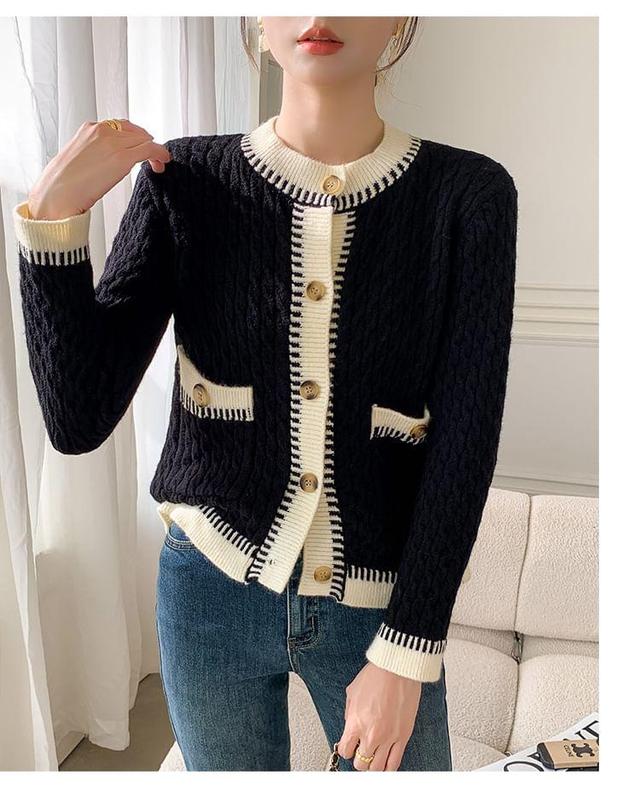 Crew Neck Contrast Trim Cable Knit Button-Up Cardigan Product Image