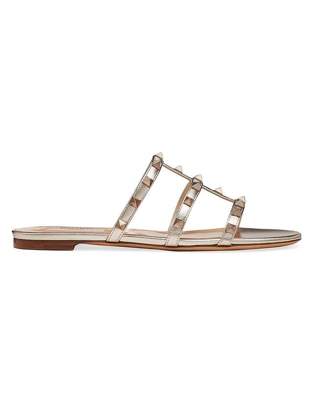 Womens Rockstud Flat Metallic Nappa Slide Sandals Product Image