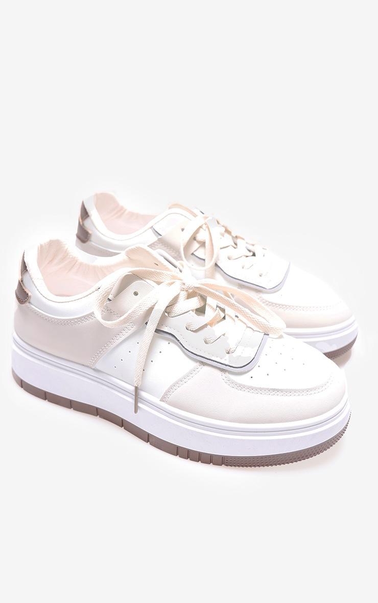 White and Cream Pu Contrast Chunky Sole Lace Up Sneakers Product Image