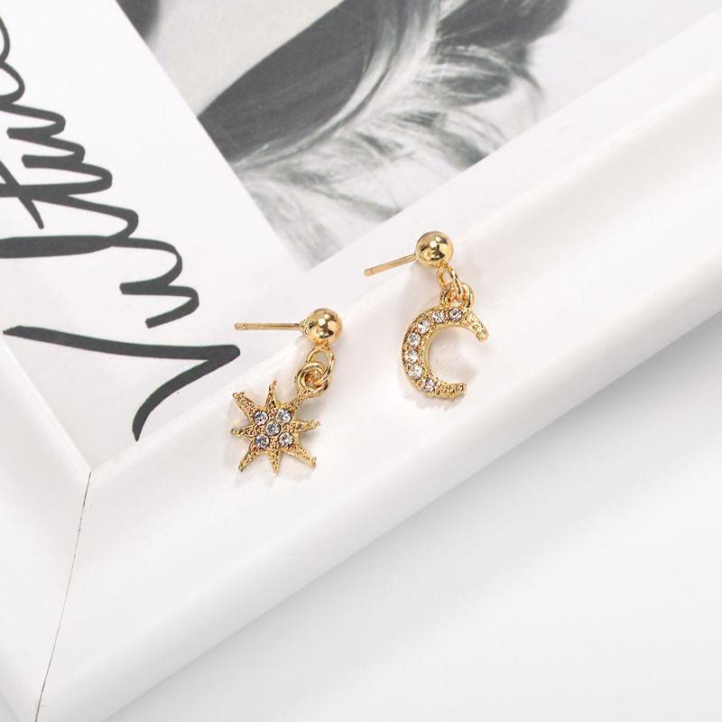 Set of 3: Star Rhinestone Alloy Drop Earring + Moon Rhinestone Alloy Drop Earring + Star Rhinestone Alloy Hoop Earring Product Image