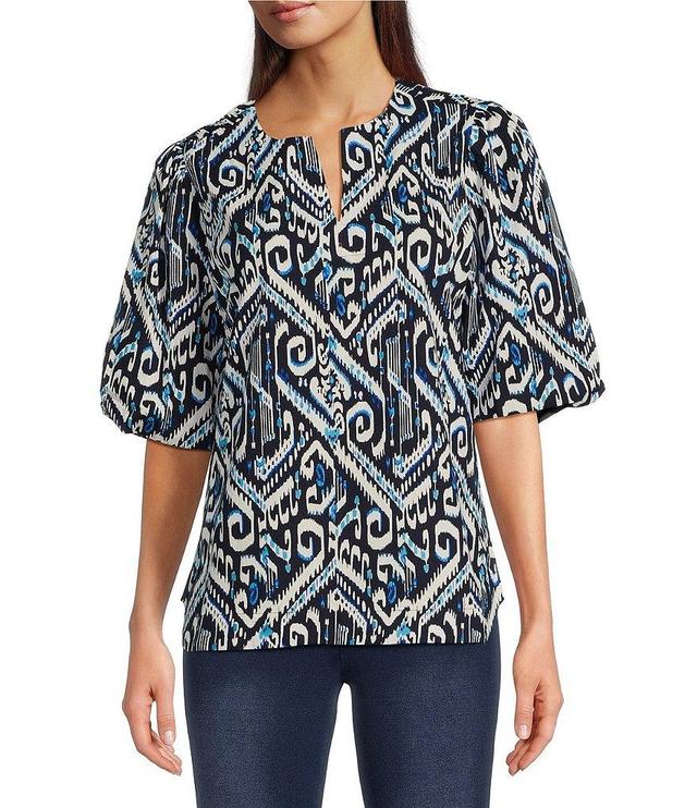 Calessa Petite Size Abstract Print Split V-Neck Elbow Balloon Sleeve Blouse Product Image