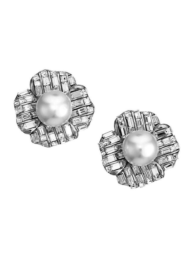 Womens Silvertone, 16MM White Round Pearl & Baguette Floral Stud Clip-On Earrings Product Image