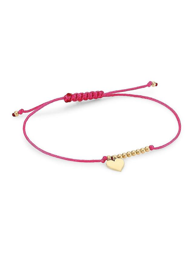 Womens 14K Yellow Gold & Heart Charm Pink Cord Bracelet Product Image