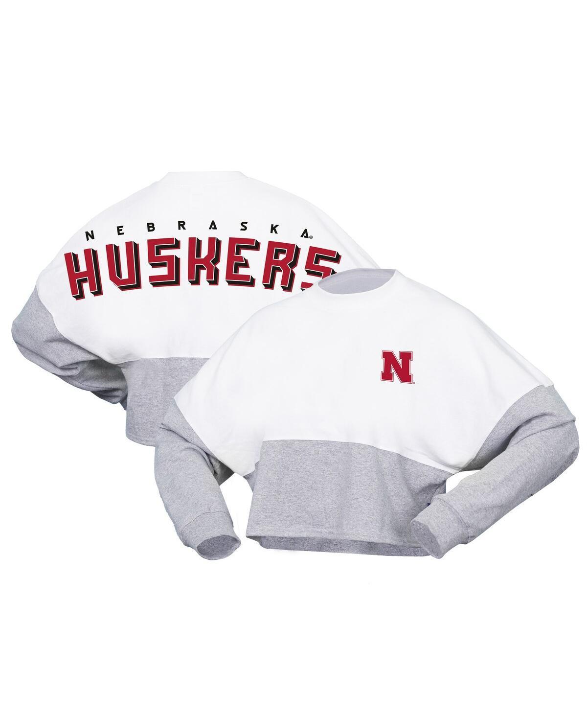 Womens Spirit Jersey White Nebraska Huskers Heather Block Cropped Long Sleeve Jersey T-shirt Product Image