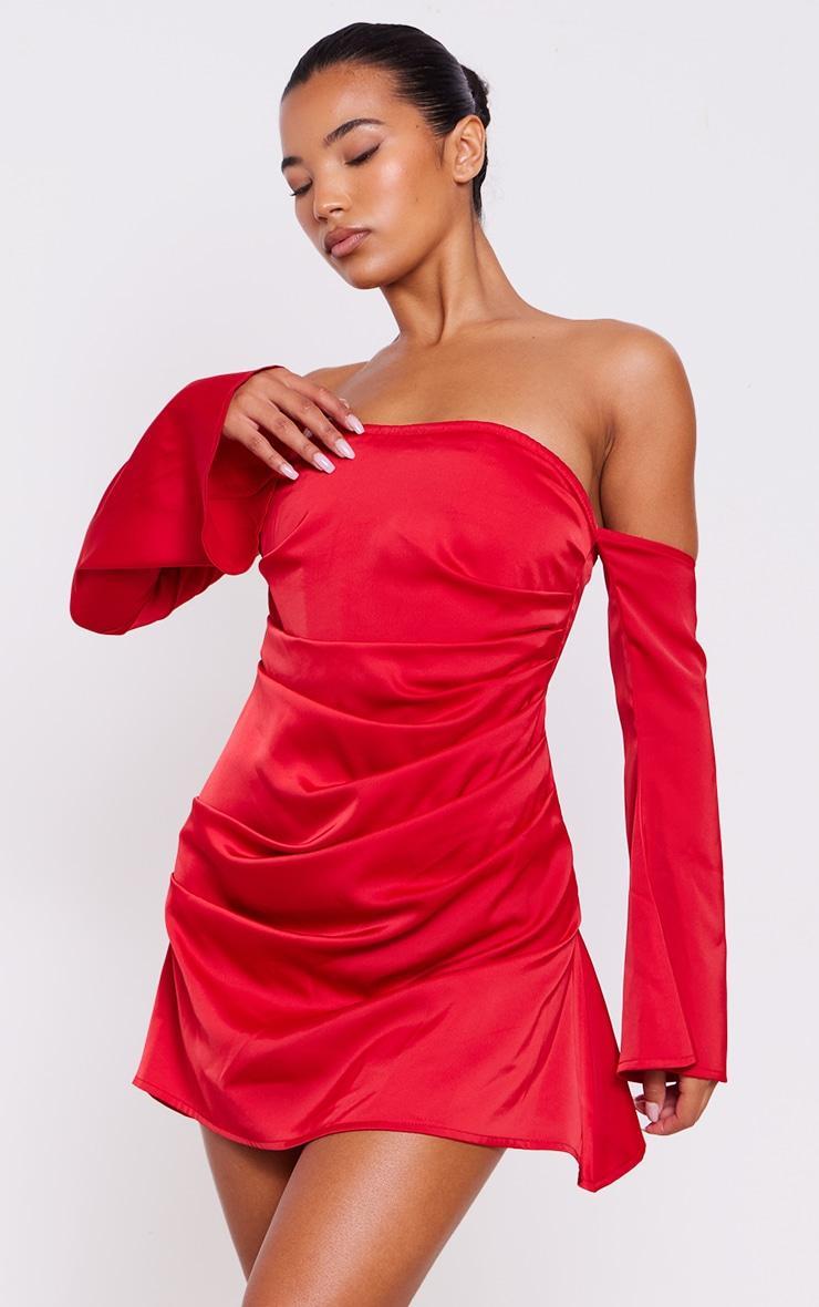 Red Satin Corset Bardot Ruched Long Sleeve Shift Dress Product Image