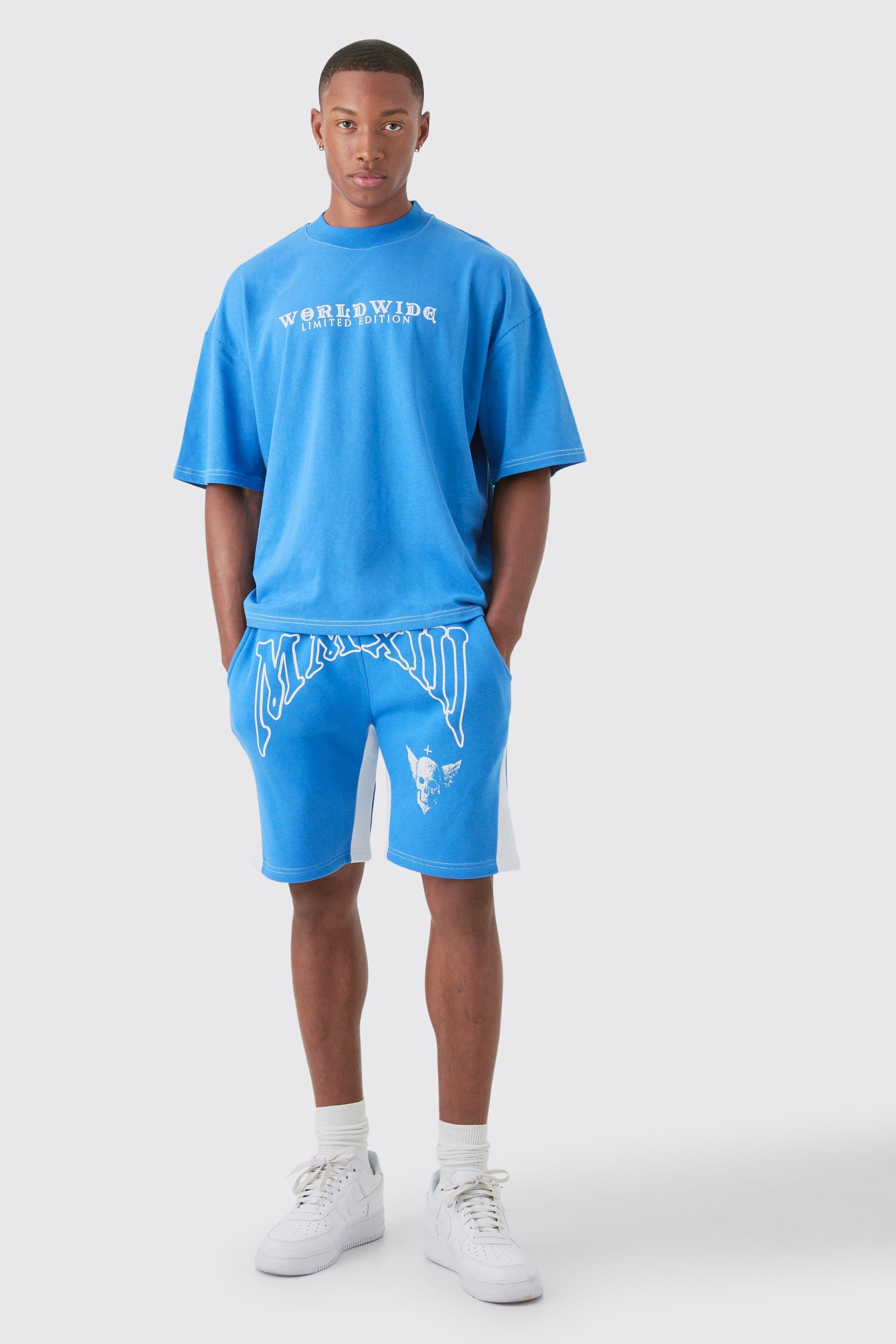 Mens Blue Oversized Boxy Contrast Stitch Embroidered T-shirt & Short Set, Blue Product Image