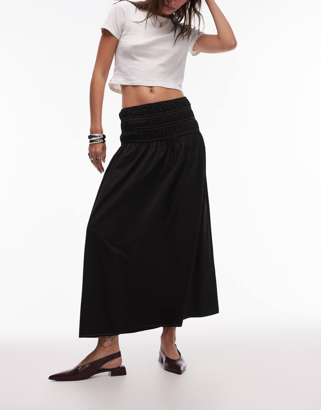 Topshop smocked waist maxi skirt in black with white topstitching Product Image