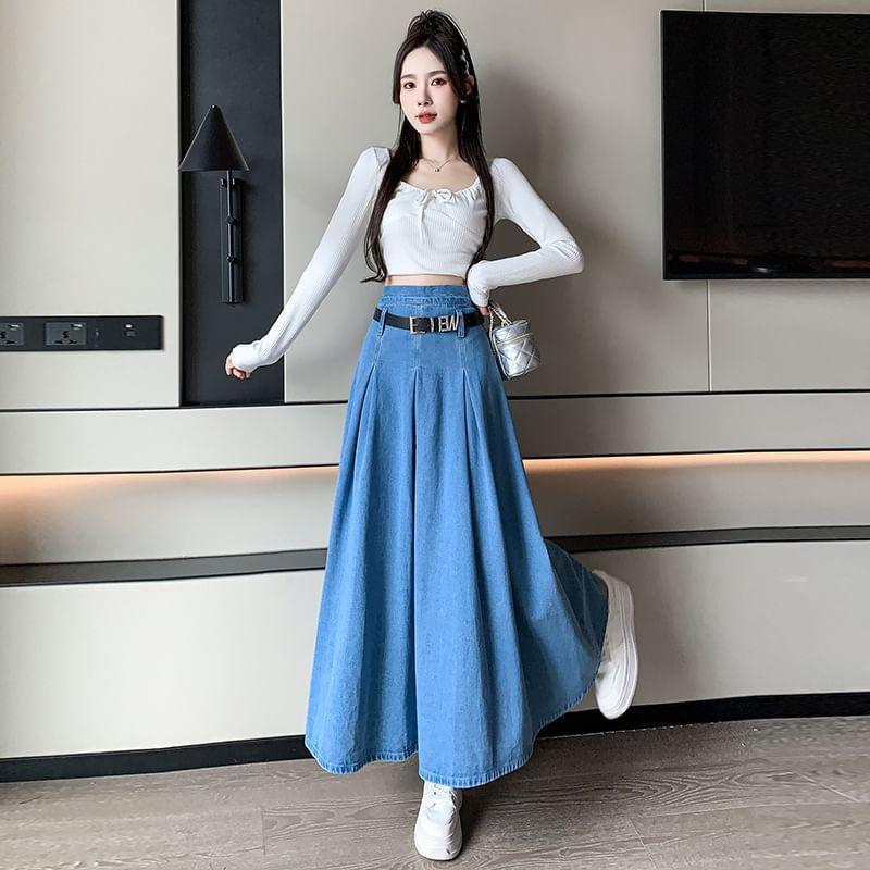 High Waist Washed Pleated Maxi A-Line Denim Skirt / Belt Product Image