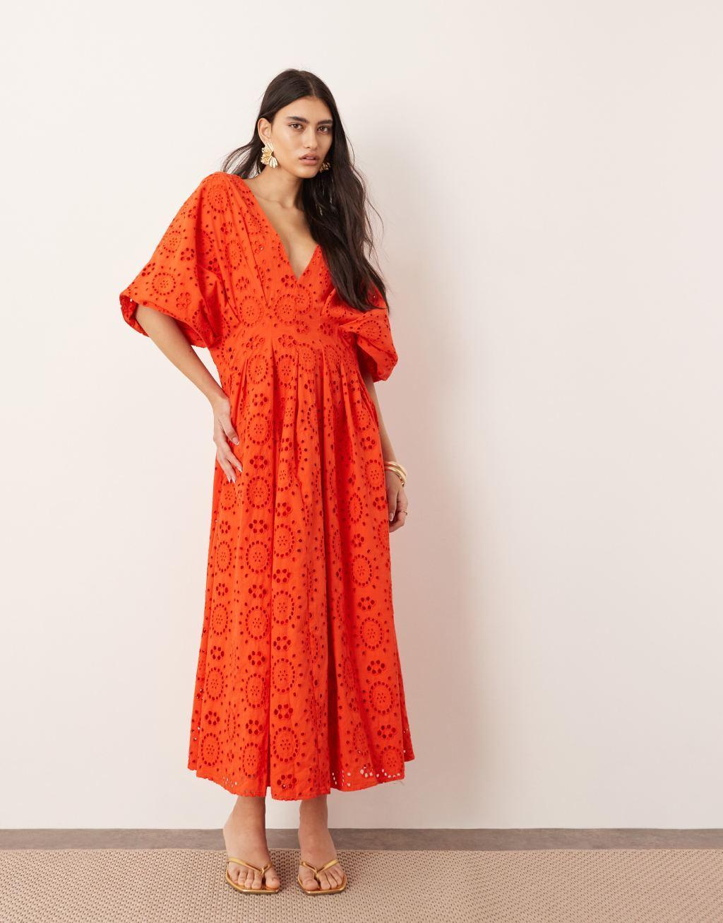 ASOS EDITION eyelet wide sleeve plunge midi dress in red Product Image