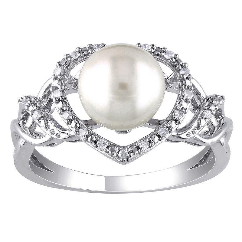 Stella Grace Sterling Silver Freshwater Cultured Pearl & Diamond Accent Heart Ring, Womens White Product Image