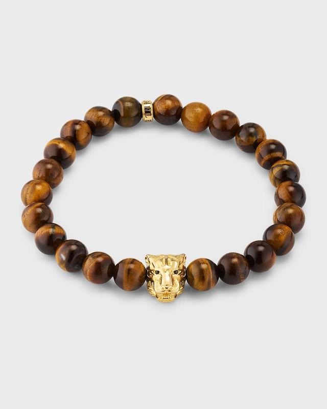 Mens Tigers Eye Beaded Bracelet with 18K Gold Vermeil Tiger Product Image