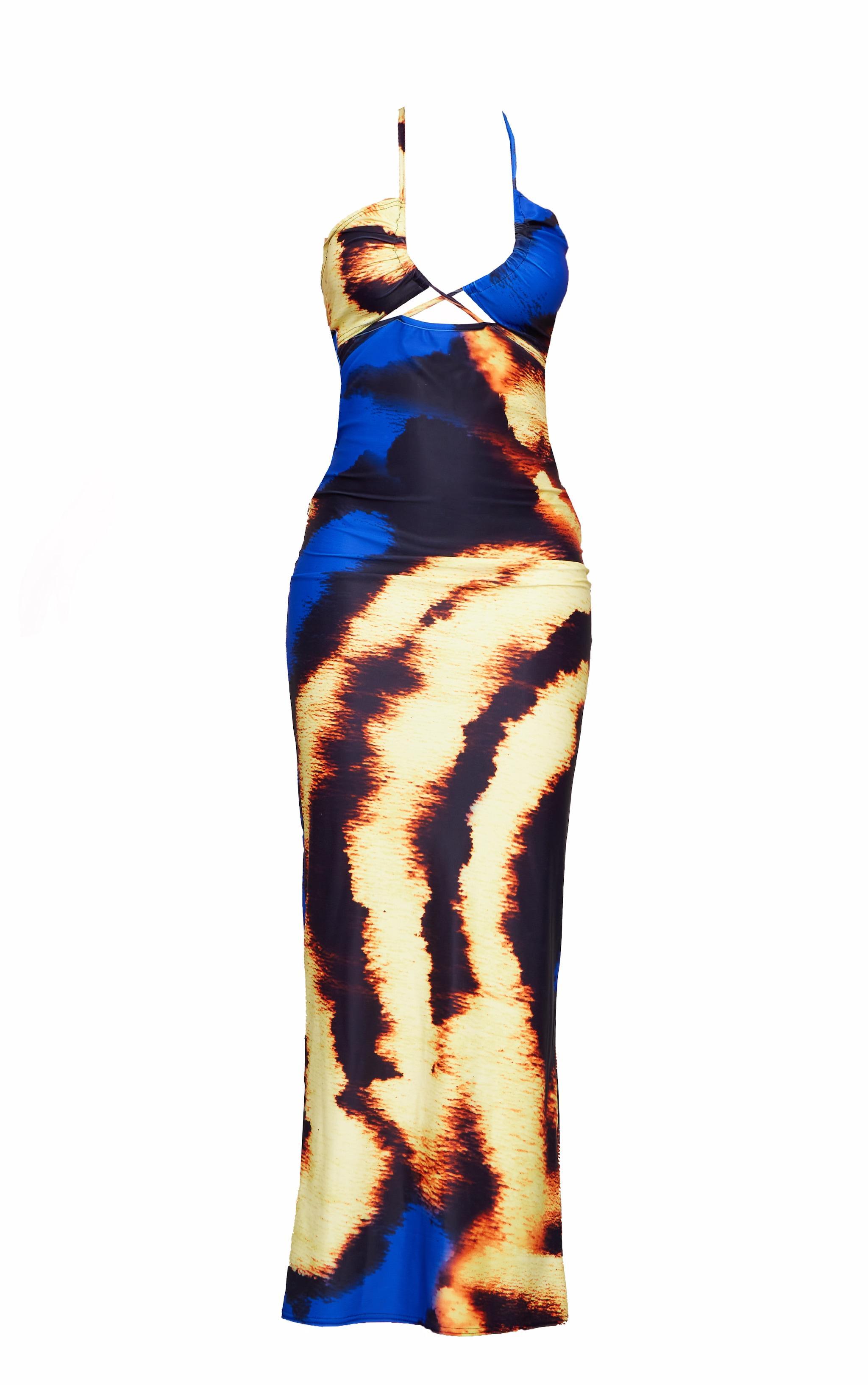 Blue Printed Soft Touch Halter Neck Cut Out Maxi Dress Product Image