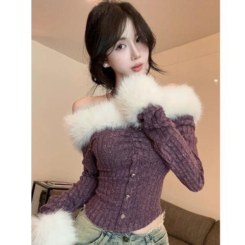 Long-Sleeve Halter Neck Off-Shoulder Fluffy Panel Glitter Slim Fit Crop Knit Top Product Image