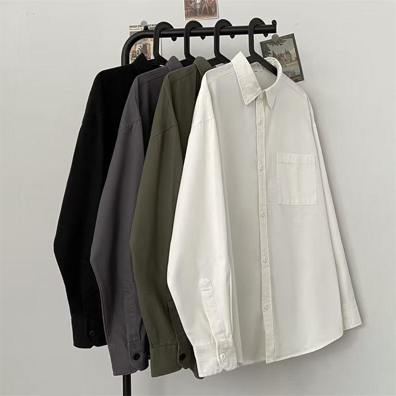 Long-Sleeve Plain Button-Up Shirt Product Image