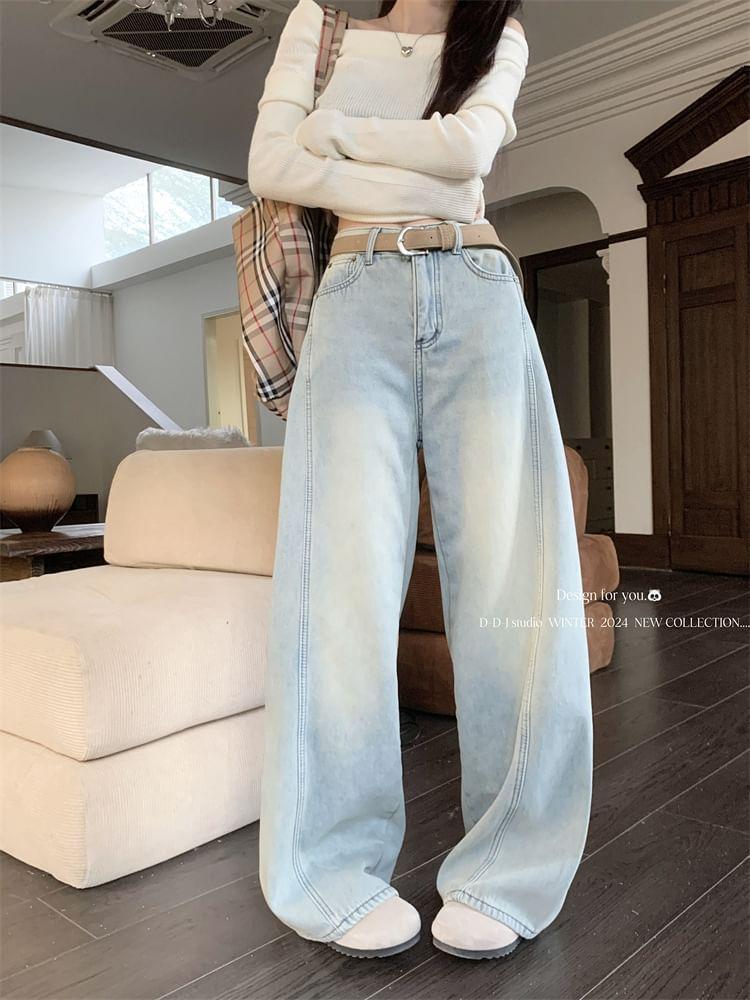 High Waist Washed Wide Leg Jeans Product Image