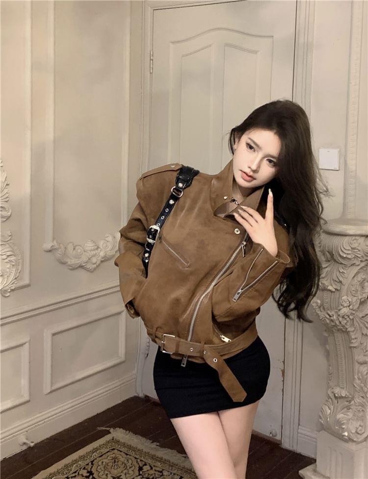 Collar Plain Zip Biker Jacket Product Image