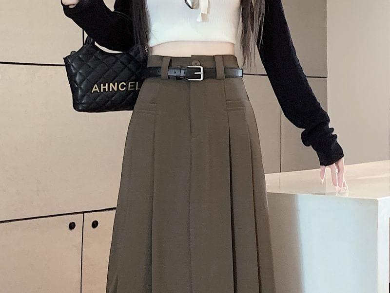 High Waist Plain Pleated Midi A-Line Skirt Product Image